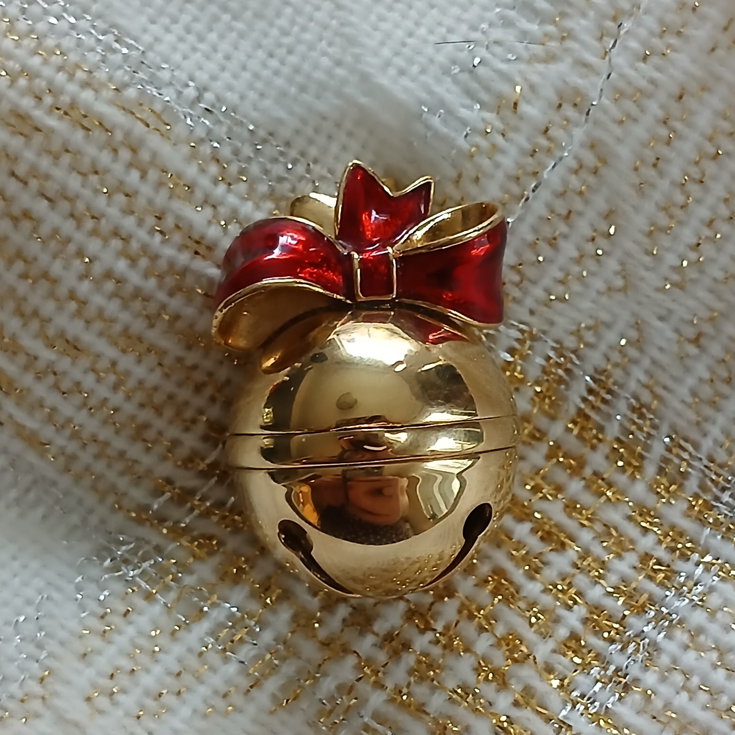 Estee Lauder Gold Bell Brooch With Red Bow